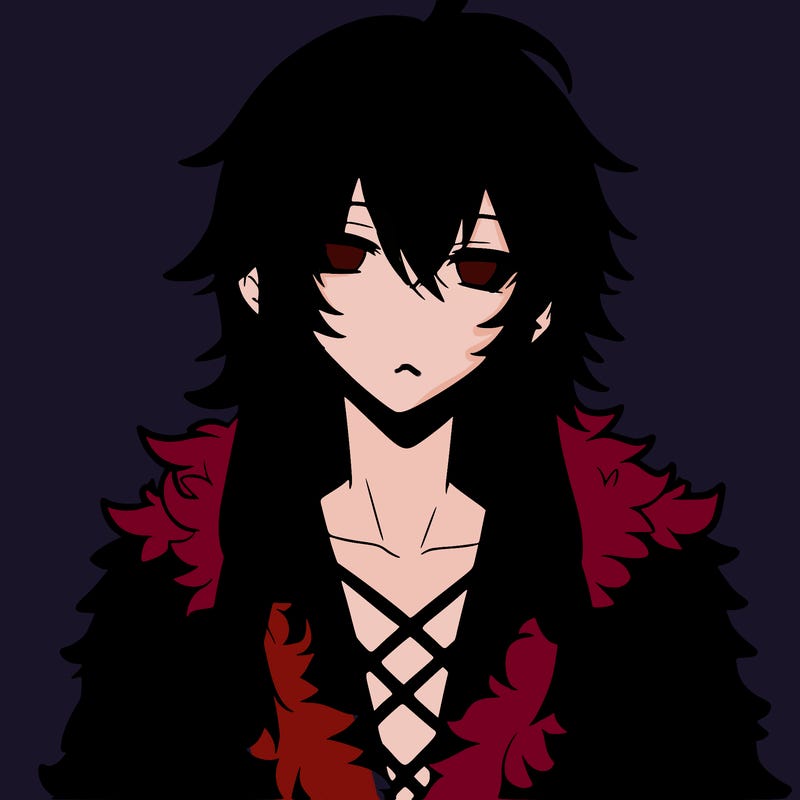 anime guy, long white hair, a red fluffy shirt