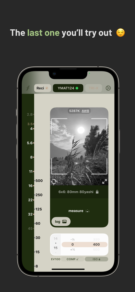 Lightme - Lightmeter - Smartphone displaying the Lightme app interface with analog style exposure controls and a black and white landscape preview