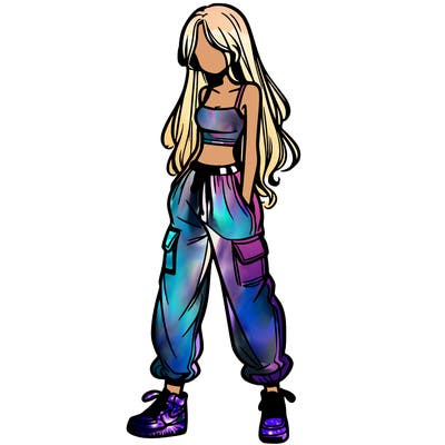 girl in baggy pants crop top and long hair