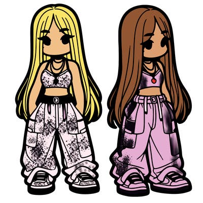 girl in baggy pants crop top and long hair