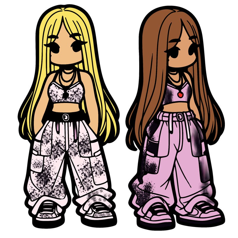 girl in baggy pants crop top and long hair