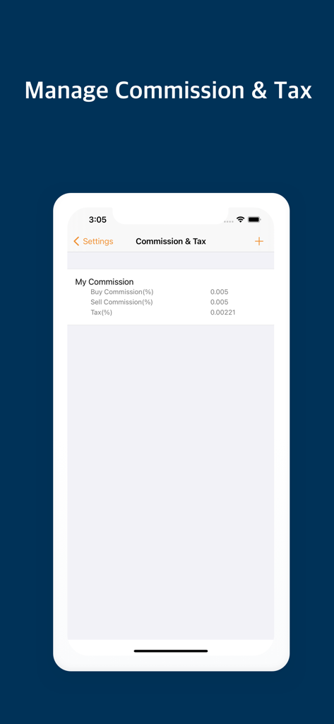 Smart Stock Calculator - Interface for managing commission and tax percentages in the Smart Stock Calculator app