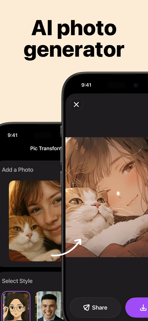 リアルな人物と猫の写真がアニメスタイルのイラストに変換されたImgAIアプリのインターフェース