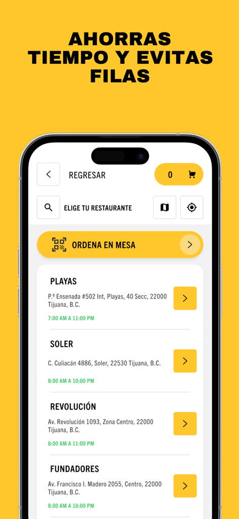 Carl's Jr. México - Interface do aplicativo Carl's Jr Mexico mostrando locais de restaurantes em Tijuana com opções para pedir da mesa e economizar tempo
