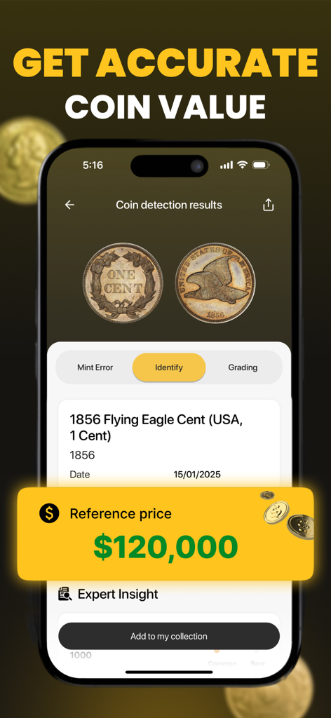 CoinSpot - Coin Value Scanner - Interfaz de la aplicación CoinSpot que muestra los resultados de identificación y un alto precio de referencia para una moneda rara de EE. UU.