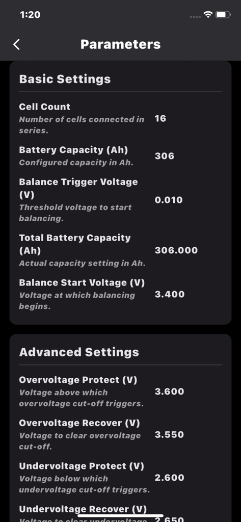 Screenshot of technical battery parameters including capacity and voltage protection settings in the CEPOWER JKBMS Monitor app.