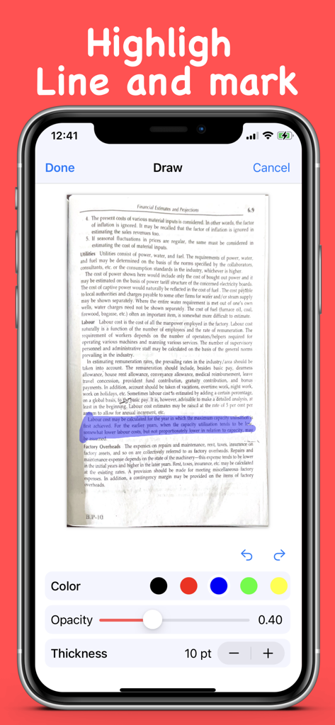 PDF Editor : Text to Speech - Una pantalla de smartphone que muestra la función de resaltado y marcado de una aplicación de editor de PDF con controles de color y opacidad