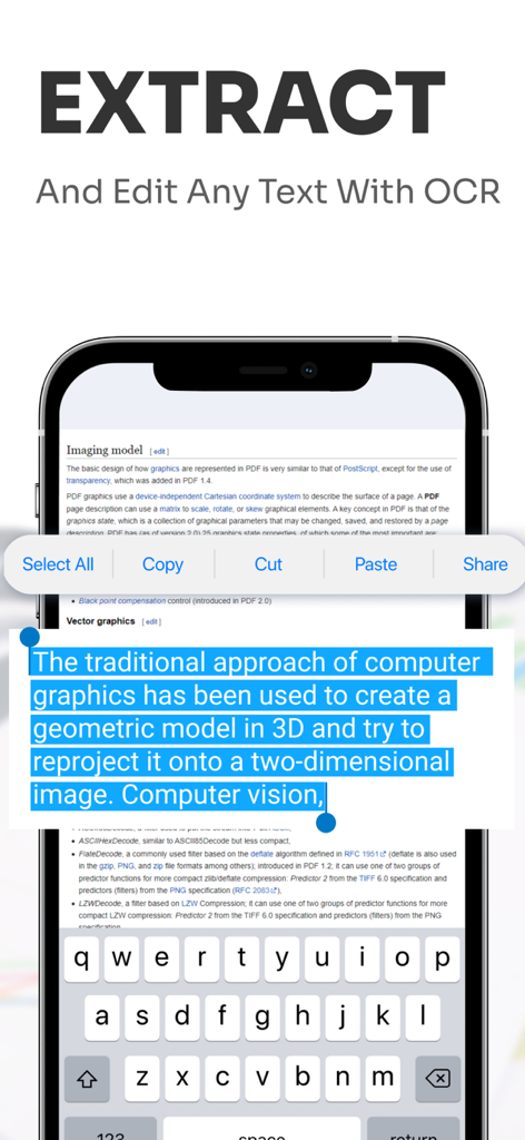 PDF Scanner, Editor, Converter - Mobile screen showing OCR text extraction and editing feature on a scanned document.