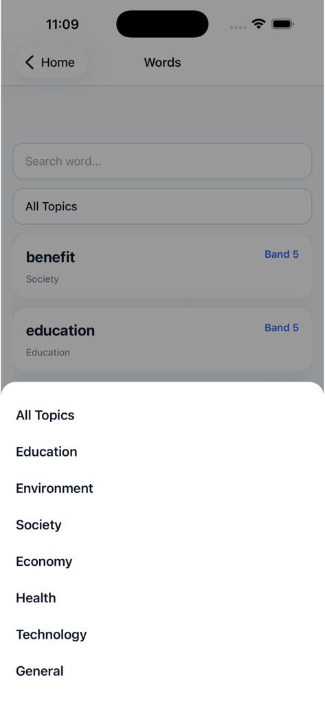 IELTS vocabulary app screen showing word categories and topic selection menu