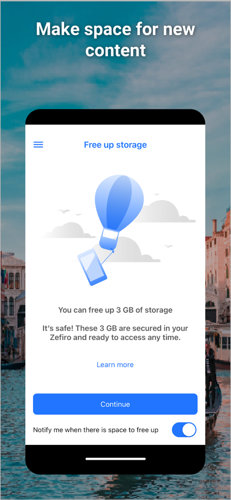 Zefiro - Interface do aplicativo Zefiro mostrando um recurso para liberar espaço no telefone, protegendo arquivos na nuvem