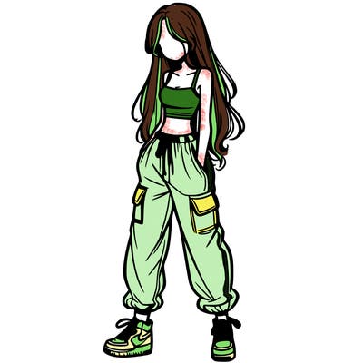 girl in baggy pants crop top and long hair