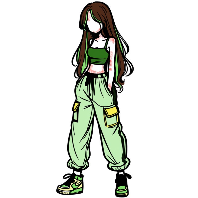 girl in baggy pants crop top and long hair