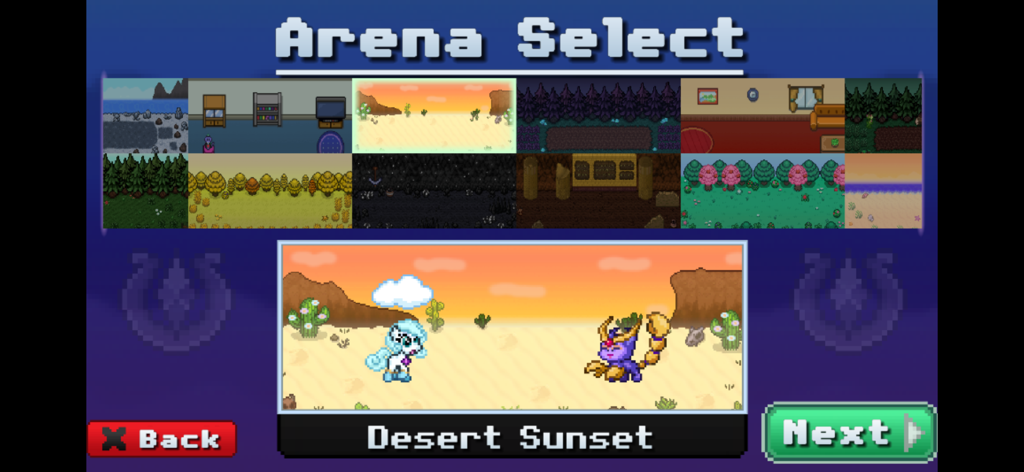 Battle Gem Ponies - The arena selection menu in Battle Gem Ponies showing a grid of different environments and a preview of two pixel art characters in the Desert Sunset arena.