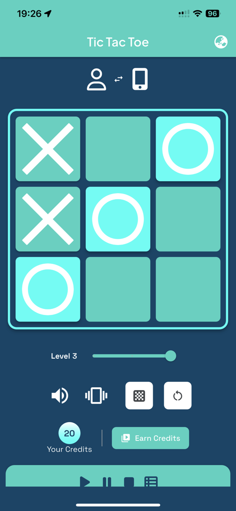 Tic Tac Toe Relaxing - A clean teal and navy blue mobile interface for Tic Tac Toe Relaxing featuring a grid with Xs and Os and music playback controls.