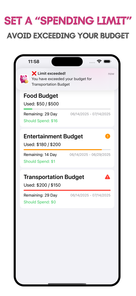 MoneyBay: Expense Manager - MoneyBay app interface showing spending limits and budget alerts for food entertainment and transportation categories