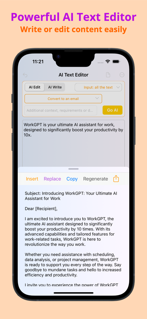 WorkGPT AI Copilot - WorkGPT mobile app interface showing a text editor converting a short summary into a professional email draft.