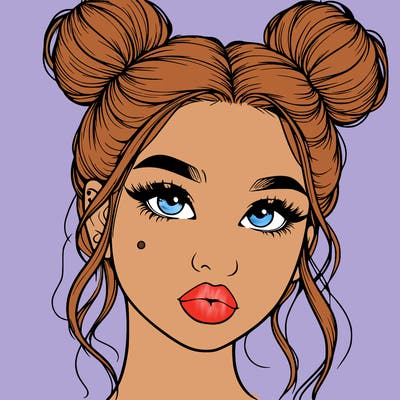 realistic girl with two buns on her hair and lips