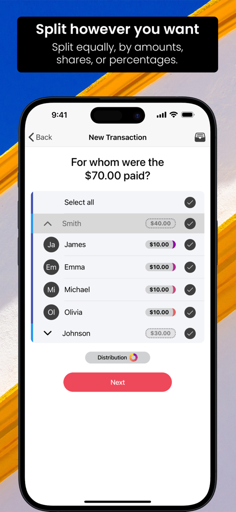 Cashinator - Split the bills - Interface do aplicativo Cashinator para dividir uma conta de setenta dólares entre várias pessoas com valores específicos.