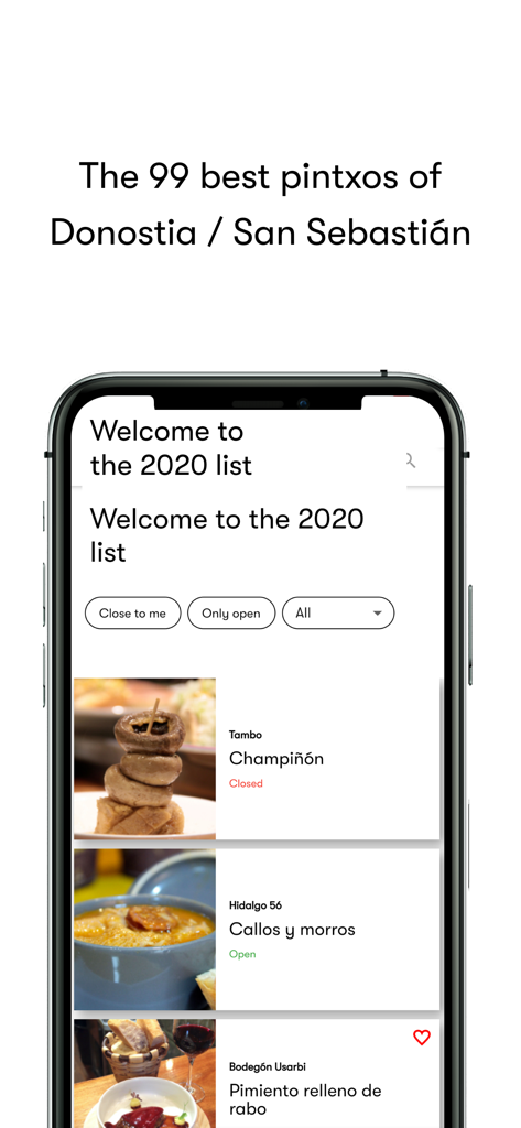 Pintxos - Smartphone screen displaying a curated list of the 99 best pintxos in San Sebastian