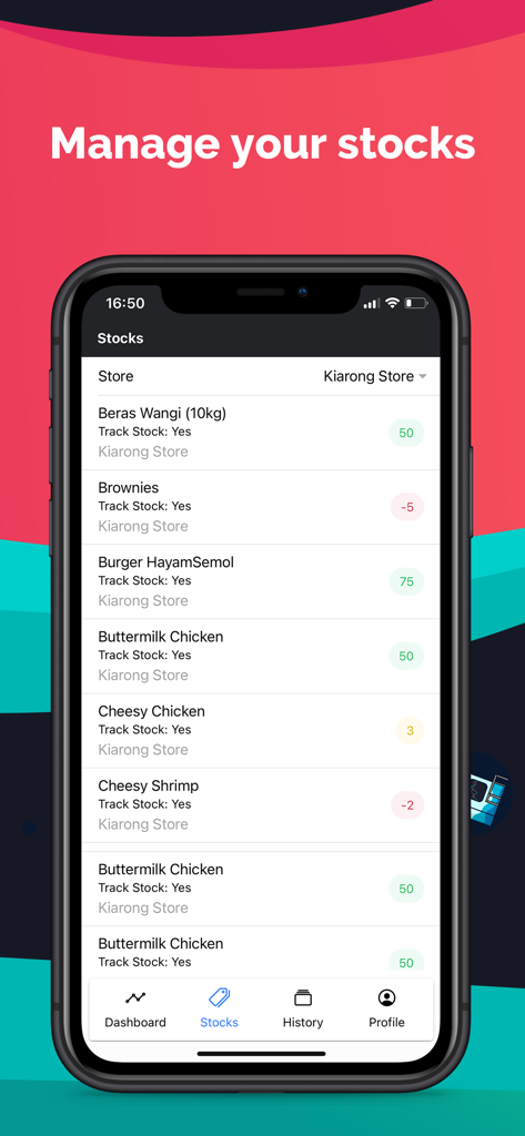 KedaiPOS - Dashboard App - Mobile app interface showing real-time inventory and stock levels for store items