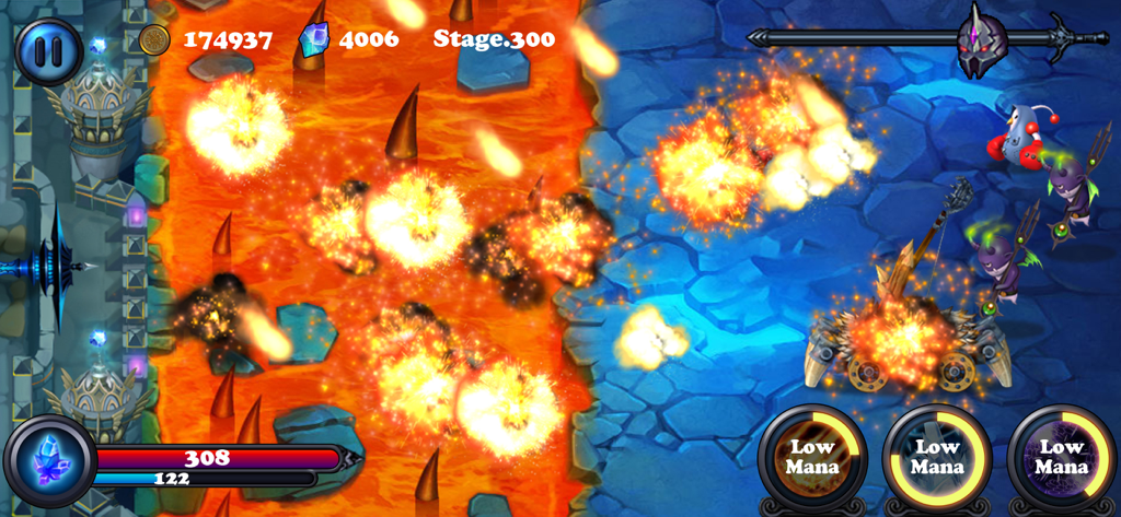 Defender II - Modo de batalla de Defender II a pantalla dividida que muestra torres mágicas y un foso de lava durante una etapa