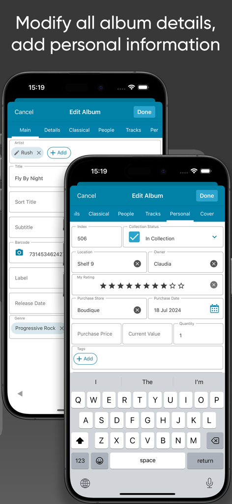 CLZ Music CD / Vinyl database - Interface showing how to edit album details and add personal collection info in the CLZ Music app