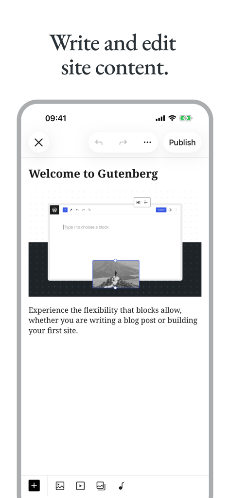 WordPress – Website Builder - Interface do aplicativo móvel WordPress mostrando o editor de blocos Gutenberg para escrever e editar conteúdo do site.