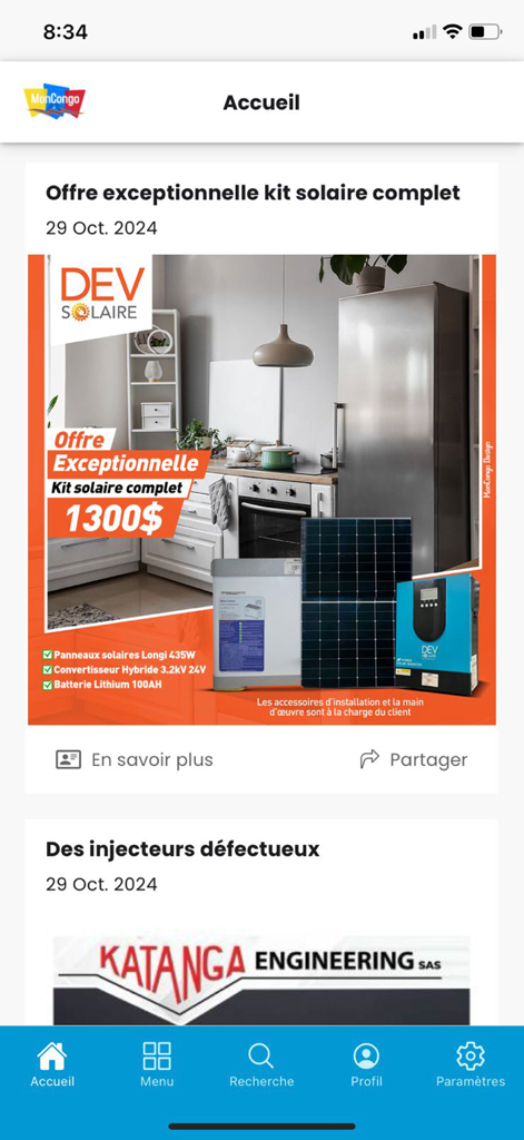 Écran d'accueil de l'application MonCongo montrant des promotions sur l'énergie solaire et des listes d'entreprises en République Démocratique du Congo