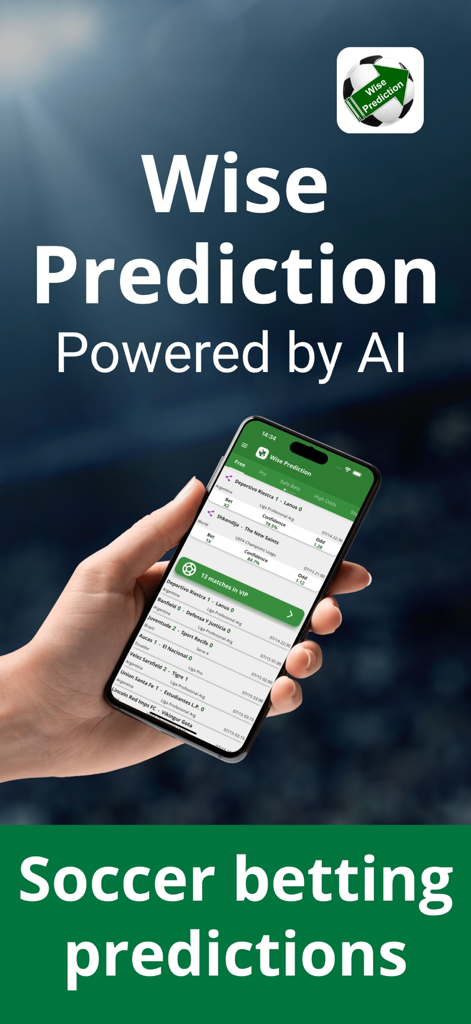 Eine Hand hält ein Smartphone, das KI-gestützte Fußball-Wettvorhersagen der Wise Prediction App anzeigt