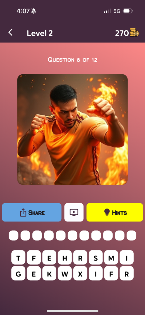 Screenshot of MindBlow AI Images Quiz game level with an image of a man surrounded by flames and a letter grid.