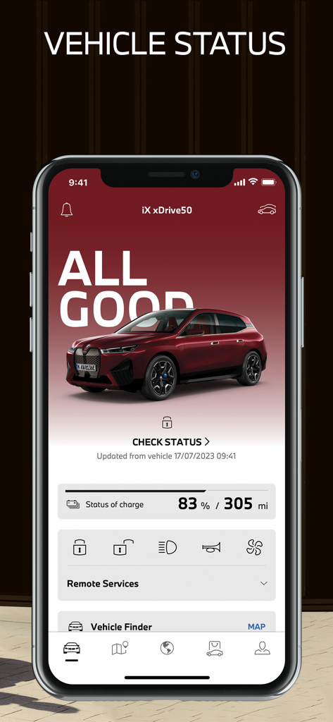 My BMW app interface showing vehicle status and remote control options on a smartphone