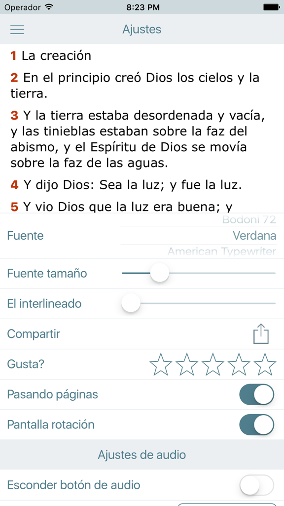 Settings menu of the Spanish Reina Valera Bible app showing text customization and audio options