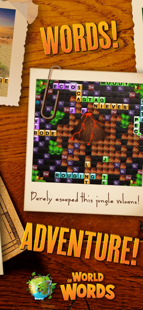 World of Words - Word Game - World of Words-Gameplay mit einem Dschungel-Vulkan-Brett und Kreuzworträtsel-Elementen