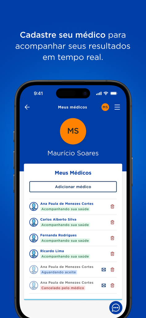 Interfaz móvil de la app Rede Dor que muestra una lista de profesionales médicos y su estado de monitoreo