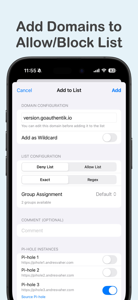 Pi-hole Switch Pro - Interface for adding and configuring domains in a Pi-hole allow or deny list including wildcard and group settings.