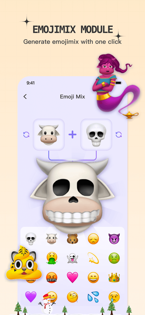 Interface do aplicativo Happy Stickers mostrando o recurso Emoji Mix combinando um emoji de vaca e caveira em um sticker personalizado