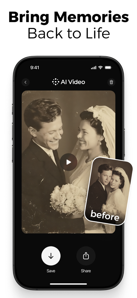 AI Video app interface showing a feature that animates old wedding photos to bring memories back to life