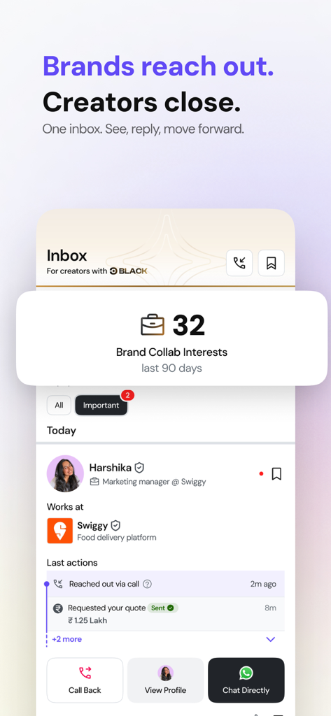 HashFame - HashFame influencer inbox showing brand collaboration messages and direct WhatsApp chat buttons