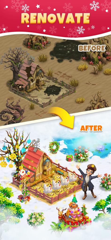 Sarah's Adventure: Time Travel - Comparación del antes y después de la renovación de una granja que muestra un gallinero roto transformado en una granja de pollos festiva de invierno