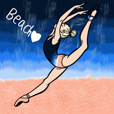 gymnast doing a leap in a leotard with a bent back leg