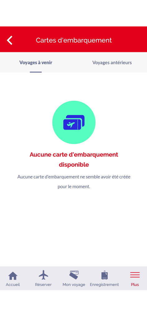 La pantalla de la tarjeta de embarque de la aplicación móvil TUNISAIR que muestra que no hay billetes disponibles