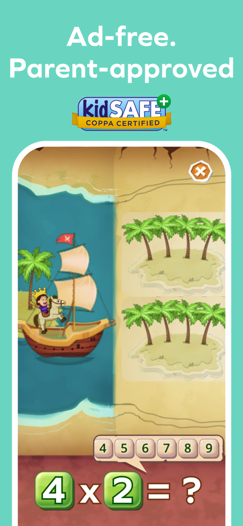 Splash Math multiplication game screen with a pirate ship and kidsafe COPPA certified badge