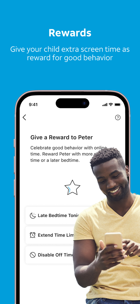 AT&T Secure Family® parent app - AT&T Secure Family app interface showing the rewards feature for extra screen time