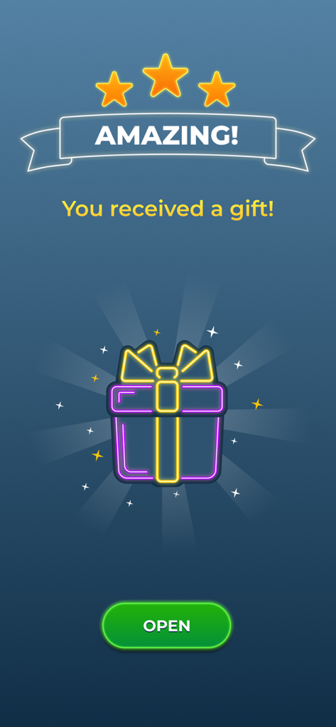 Dot Link - Connect the Dots - Reward screen in Dot Link puzzle game showing a neon gift box with three stars and an open button