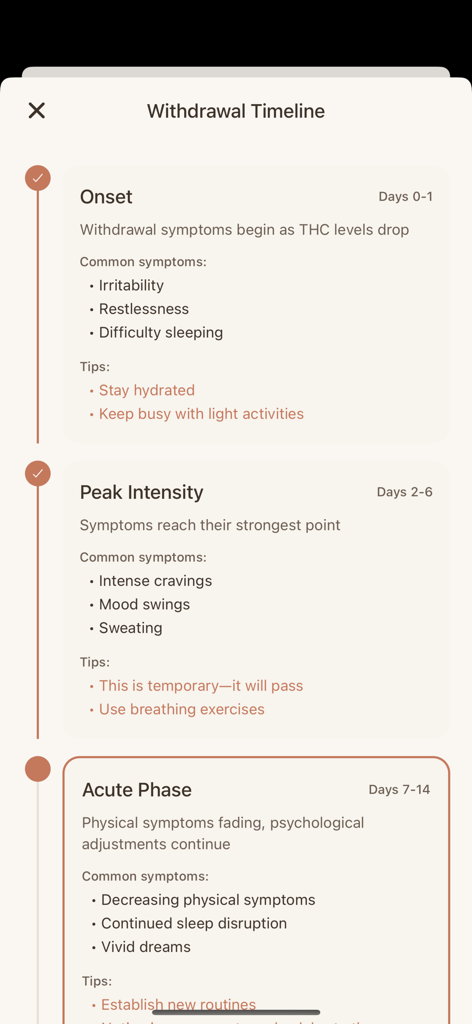Quit Weed Tracker - Unfogged - Ein Screenshot der Unfogged App, der eine Zeitleiste für den Cannabis-Entzug mit Symptomen und Tipps für verschiedene Erholungsphasen zeigt.