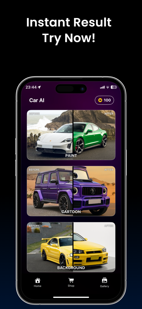 Car AI: Modification Editor - Mobile app interface of Car AI showing before and after car modifications including paint changes cartoon effects and background edits