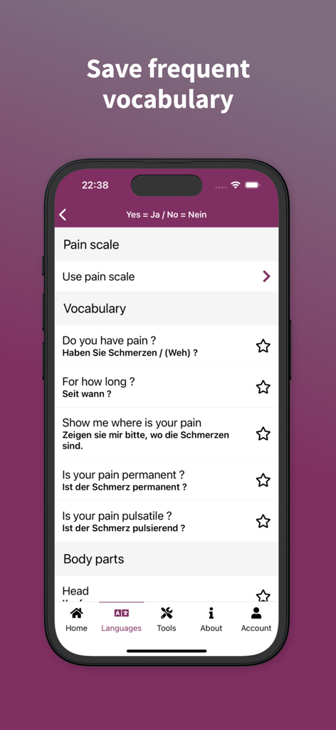 자주 사용하는 어휘를 저장하는 기능이 있는 독일어로 번역된 의료 구문 목록을 보여주는 메디글롯 모바일 앱 인터페이스.