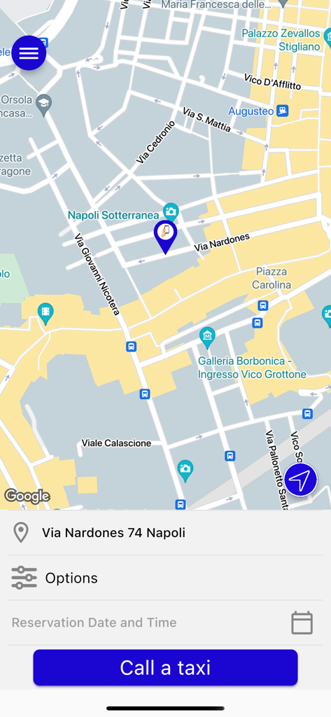 GOXGO - Interfaccia dell'app GOXGO che mostra una mappa di Napoli e un pulsante per chiamare un taxi