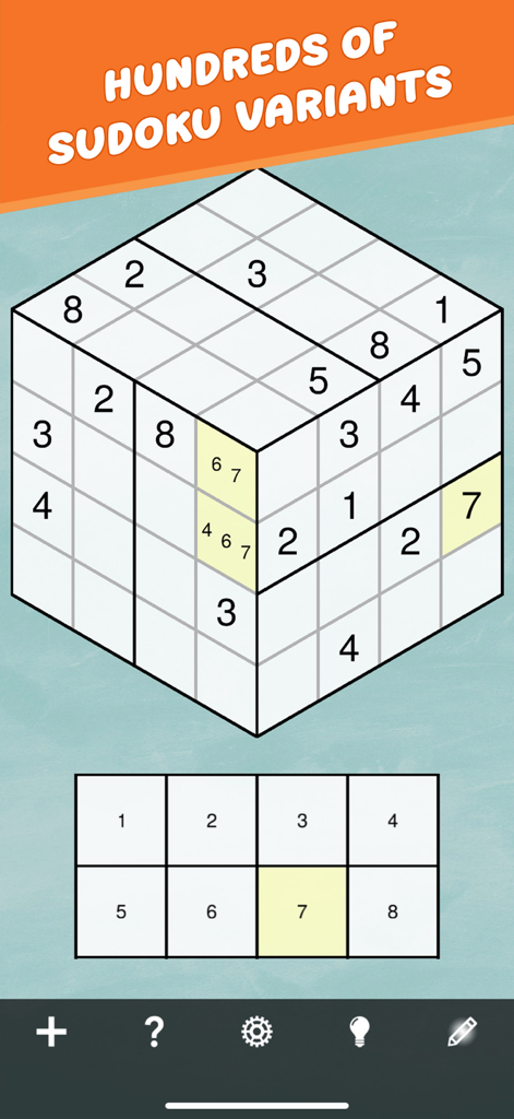 Sudoku Mega Bundle - Gameplay of a 3D cube Sudoku puzzle showing various number placements and a selection grid