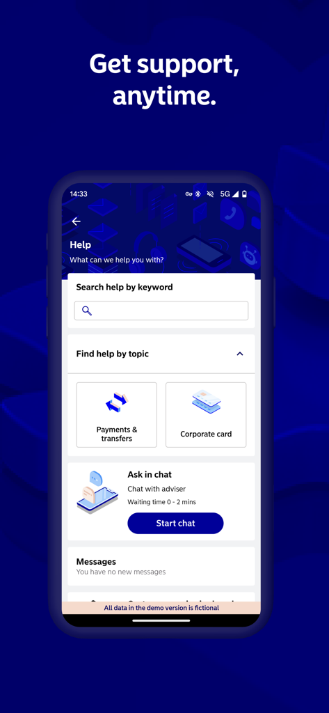 Nordea Business SE - Pantalla de soporte dentro de la aplicación de Nordea Business SE con chat en vivo y temas de ayuda.